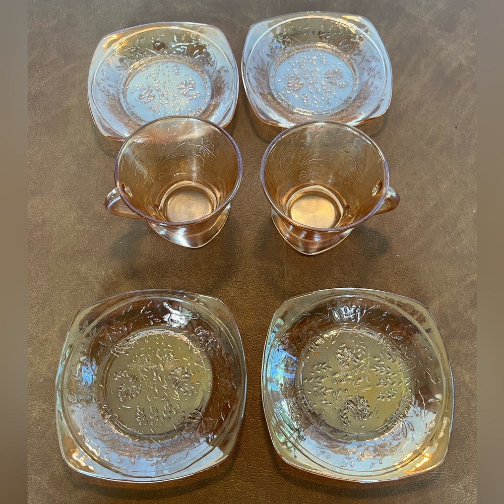 Iridescent Carnival Glass Floragold Two Teacups and Four Small Plates or Saucers